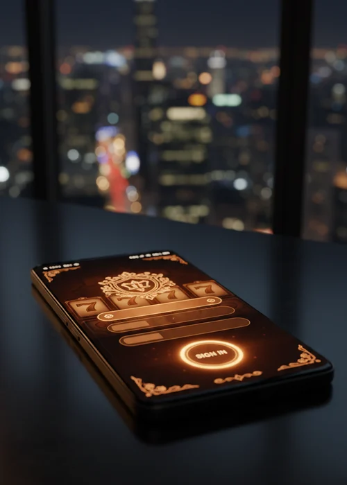 Een gestroomlijnd inlogscherm van Golden Coin Casino met velden voor e-mail en wachtwoord, omringd door gouden munten en fiches, symboliserend snelle en veilige toegang tot het online casino.